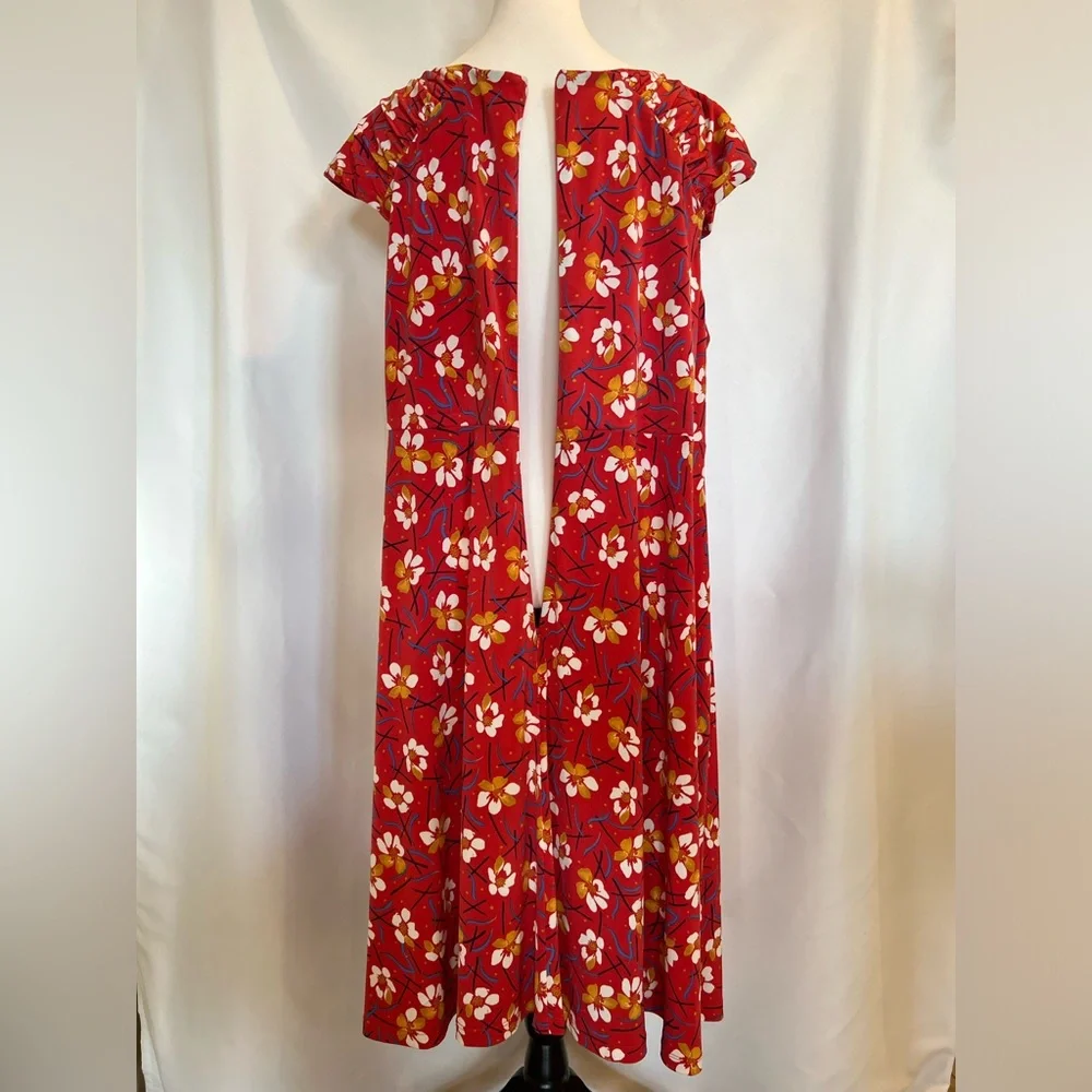 London Times Ruched Front Floral Cap Sleeve‎ Milkmaid Red Midi Dress Size 2X